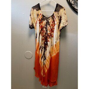 Tie-Dye Womens Free Size Dress Beach By Exist Orange &‎ Brown Floral Embroidery